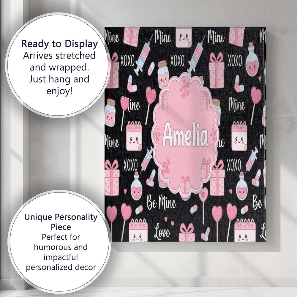 Personalised Name Cute Kawaii Valentine Custom Modern Room Accent Elegant Feature Canvas Wall Art Print Decor Picture Ready to Hang