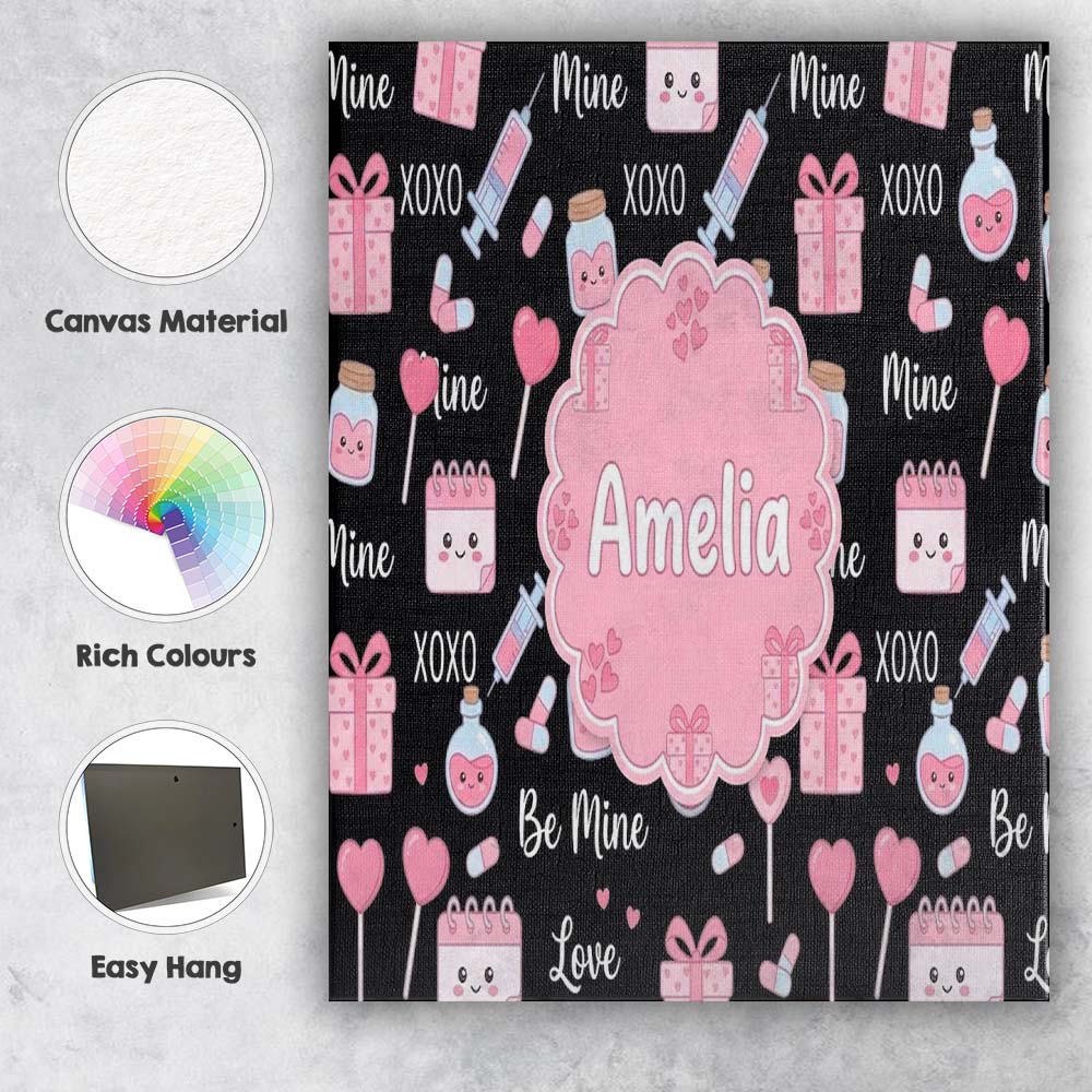 Personalised Name Cute Kawaii Valentine Custom Modern Room Accent Elegant Feature Canvas Wall Art Print Decor Picture Ready to Hang