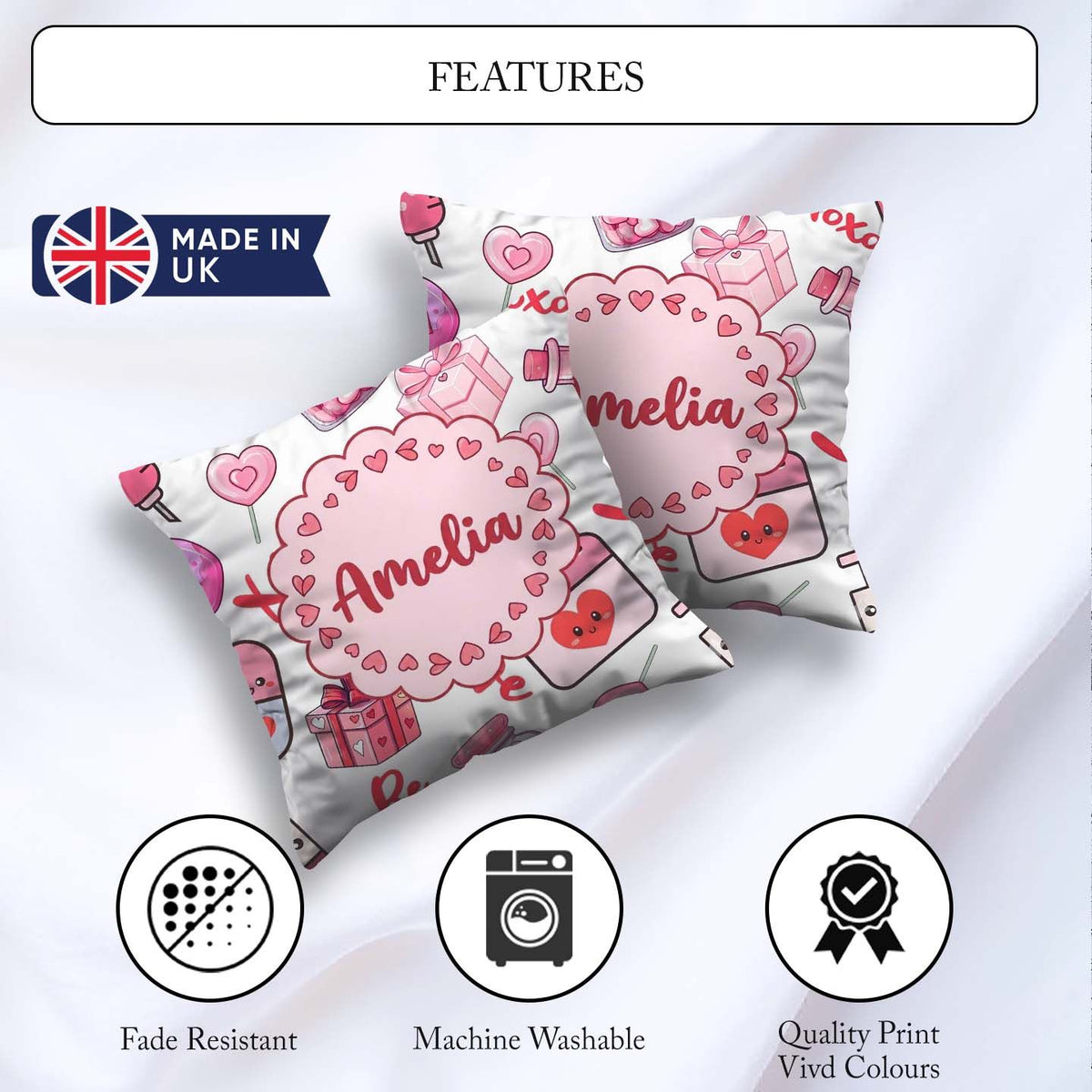 Custom Name Cute Kawaii Valentine Hearts Syringe Calendar White Square Filled Cushion Throw Pillow Sofa Bed Home Decor Zip Washable UK Made