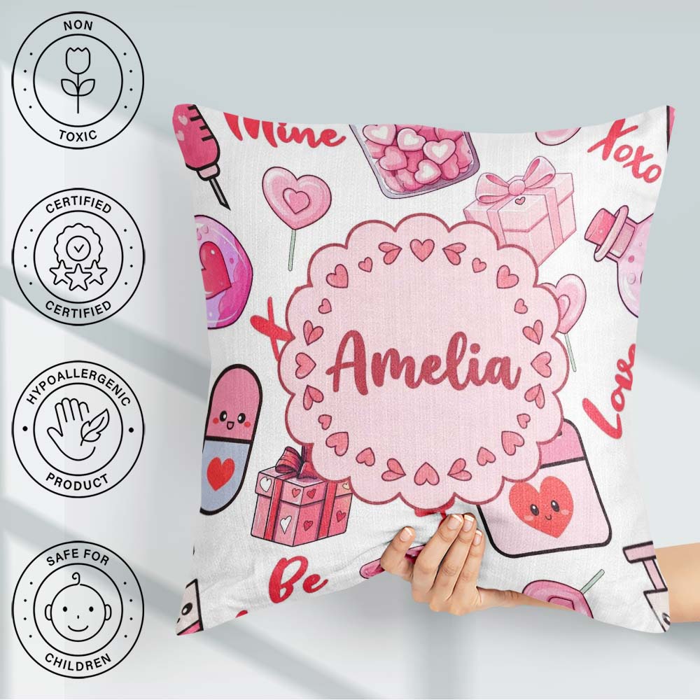 Custom Name Cute Kawaii Valentine Hearts Syringe Calendar White Square Filled Cushion Throw Pillow Sofa Bed Home Decor Zip Washable UK Made