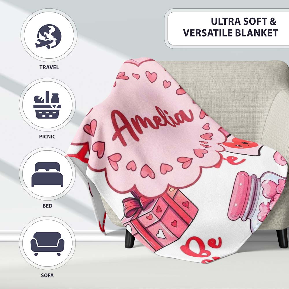 Cute Kawaii Valentine Love Hearts Syringe Gift Calendar White Lovely Personalised Custom Name Super Soft Fleece Blanket Bed Sofa Throw