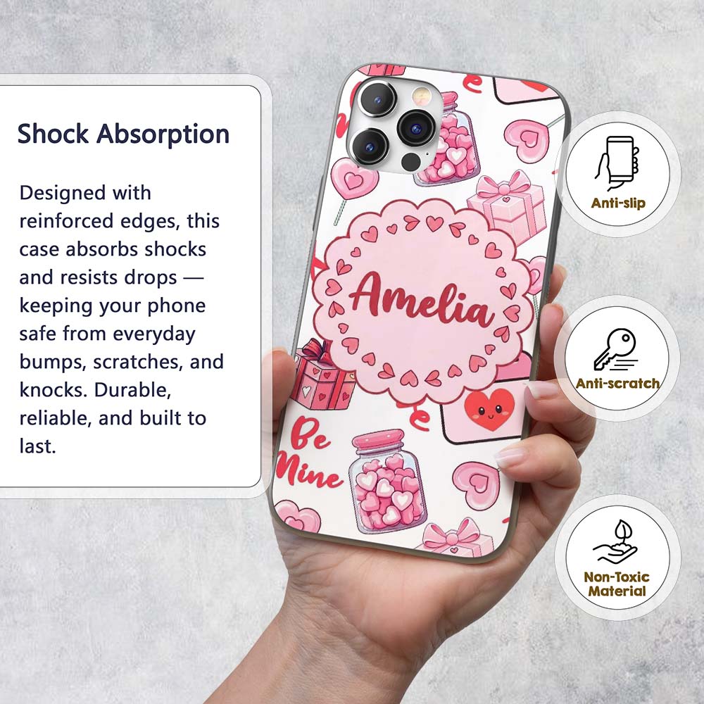 Cute Kawaii Valentine Love Hearts Syringe Gift Custom Name Protective Phone Case Mobile Cover Durable Everyday Smartphone Shock Resistant