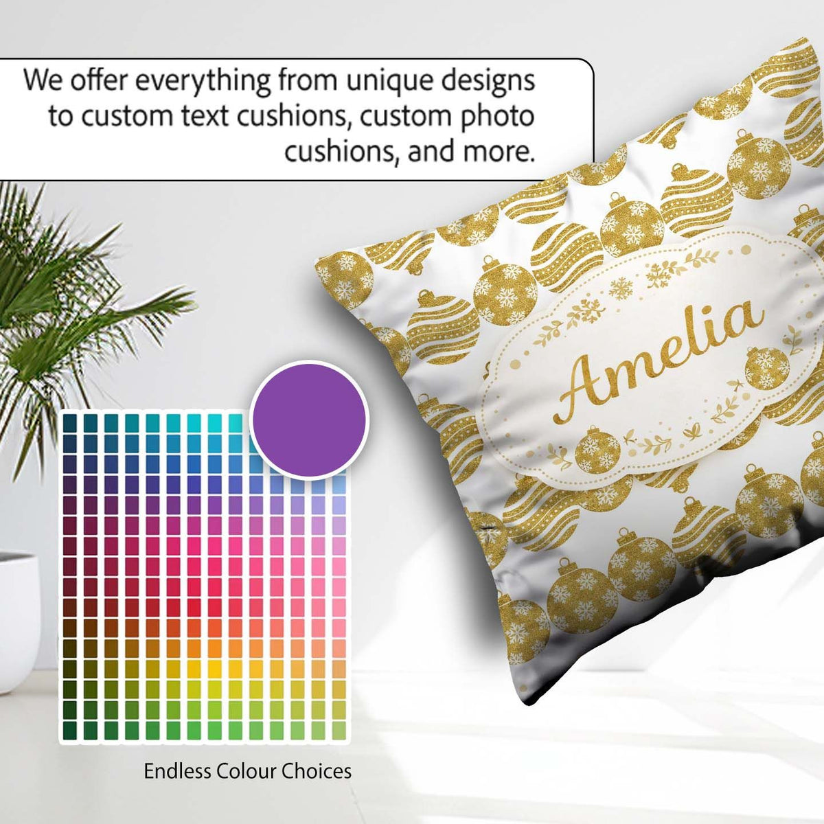 Custom Name Gold Baubles Glitter Festive Seamless Pattern Lovely Square Filled Cushion Throw Pillow Sofa Bed Home Decor Zip Washable UK Made