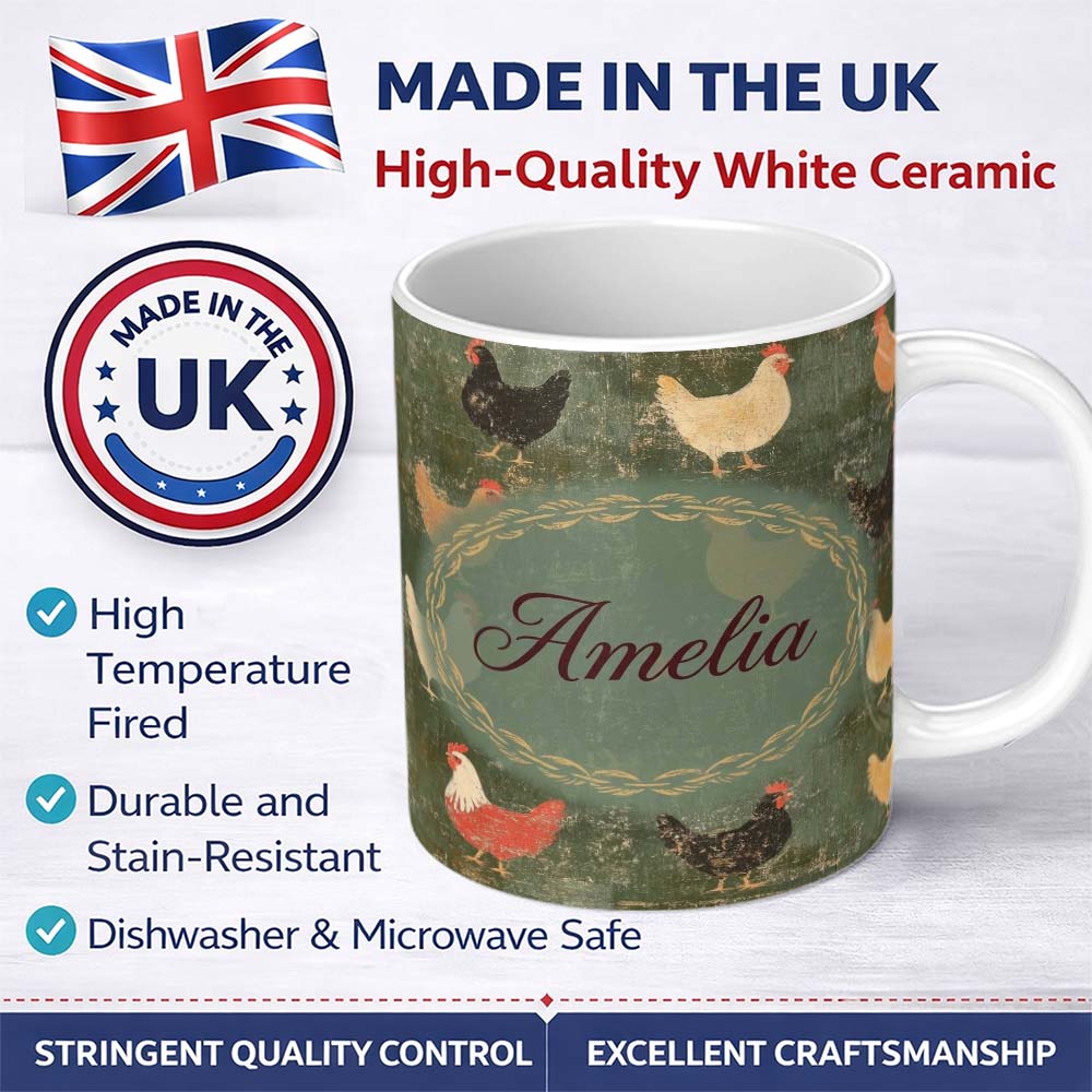 Personalized Custom Name Rustic Chicken Hen Farmyard on Distressed Green Background Seamless 11oz Ceramic Coffee Tea Mug White Large Handle