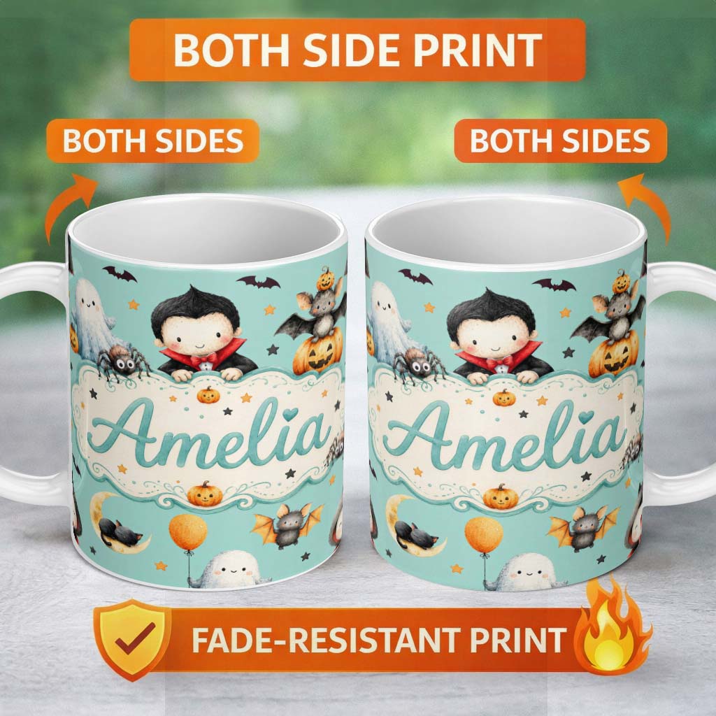Personalized Custom Name Cute Halloween Dracula Ghost Bats on Mint Green Background Seamless 11oz Ceramic Coffee Tea Mug White Large Handle