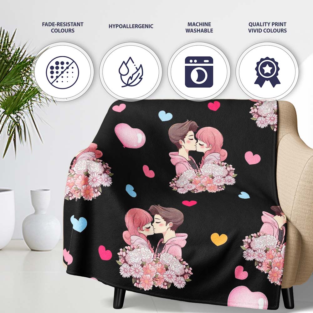 Romantic Couple Kissing Floral Bouquet Hearts Seamless Pattern Black Personalised Custom Name Super Soft Fleece Blanket Bed Sofa Throw