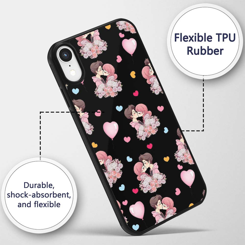 Romantic Couple Kissing Floral Bouquet Hearts Custom Name Protective Phone Case Mobile Cover Durable Everyday Smartphone Shock Resistant