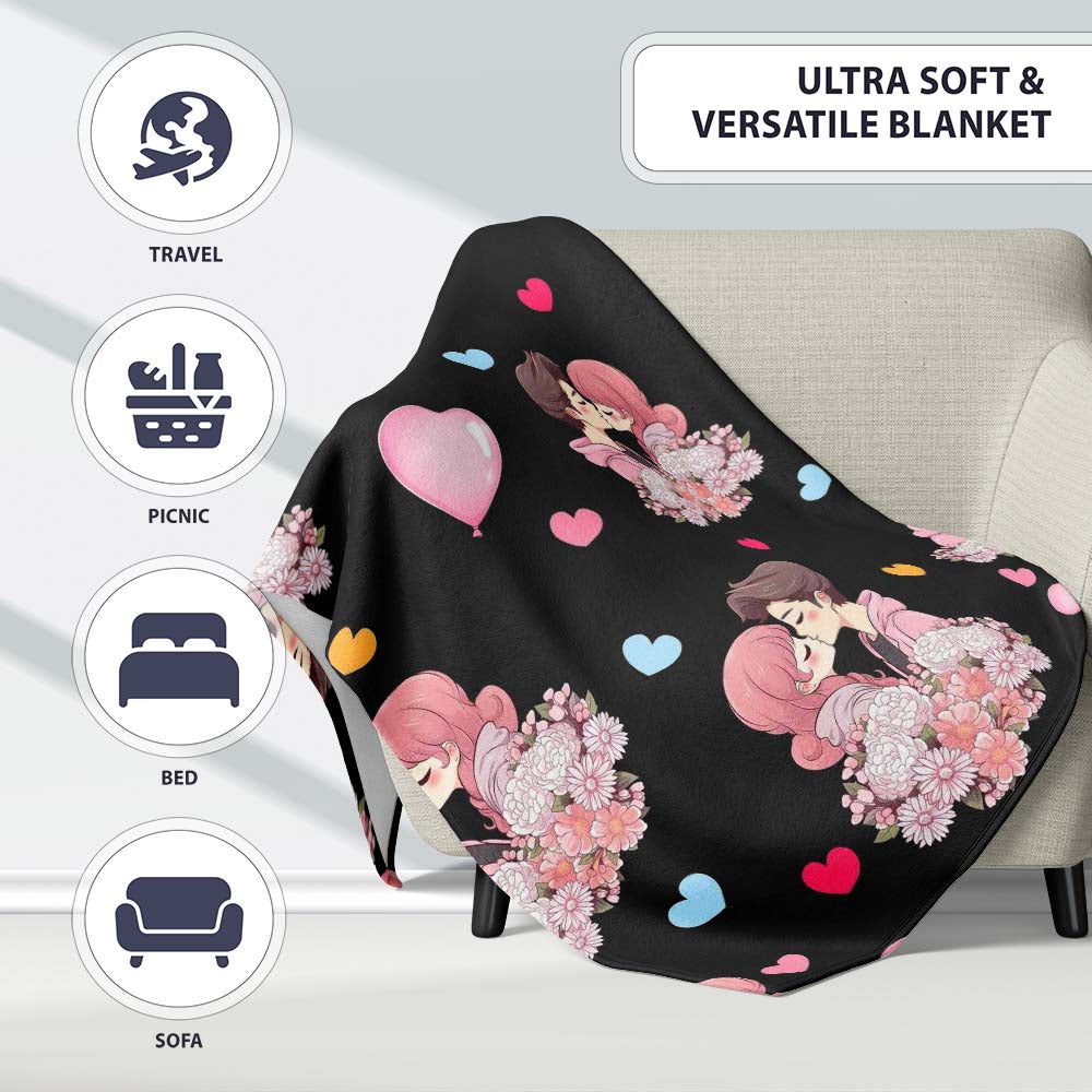 Romantic Couple Kissing Floral Bouquet Hearts Seamless Pattern Black Personalised Custom Name Super Soft Fleece Blanket Bed Sofa Throw