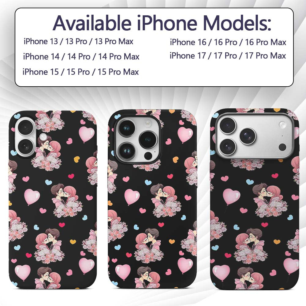 Romantic Couple Kissing Floral Bouquet Hearts Custom Name Protective Phone Case Mobile Cover Durable Everyday Smartphone Shock Resistant