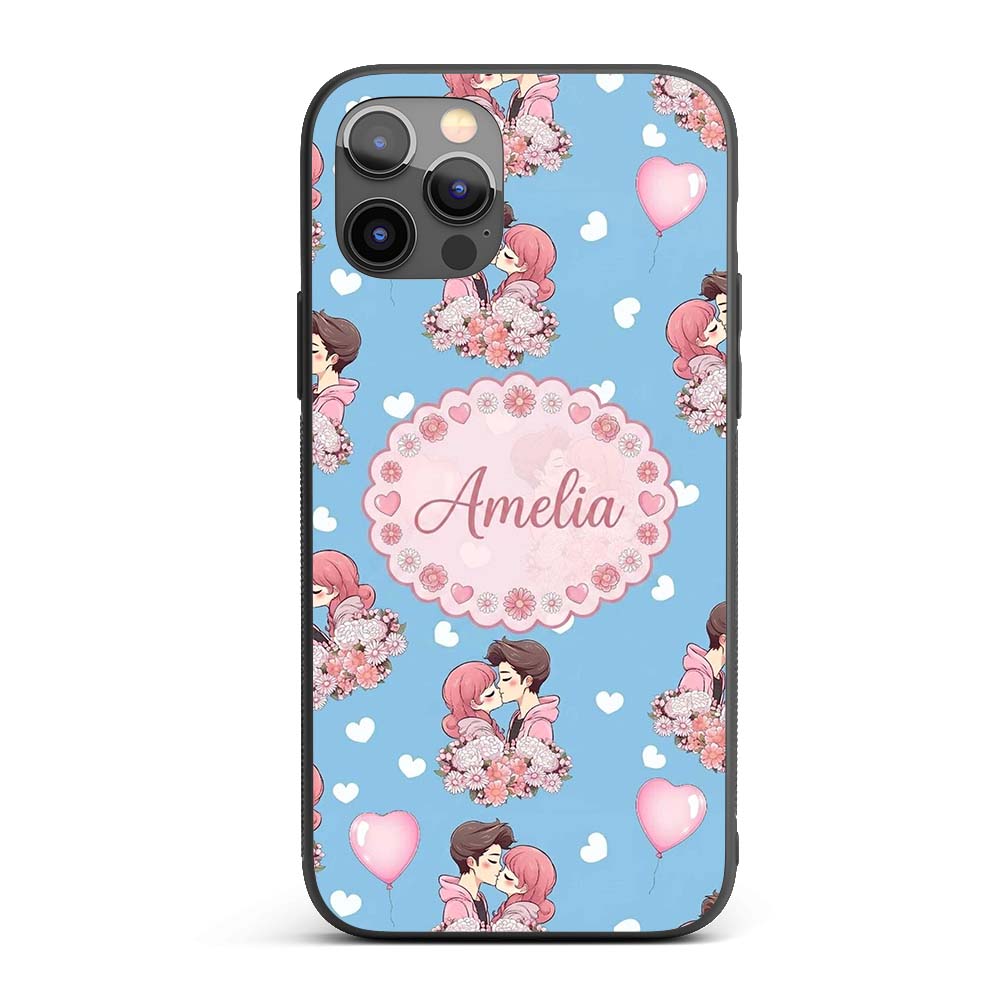 Romantic Couple Kissing Floral Bouquet Hearts Custom Name Protective Phone Case Mobile Cover Durable Everyday Smartphone Shock Resistant