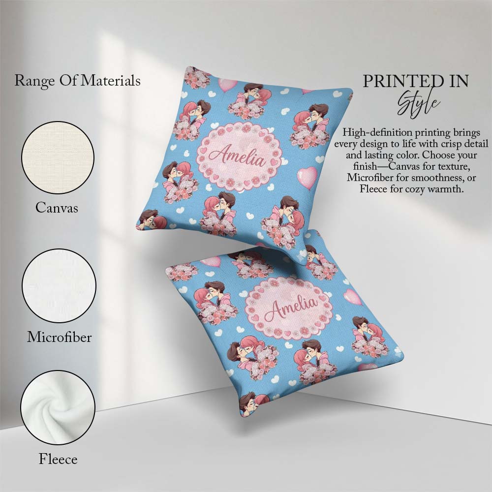Custom Name Romantic Couple Kissing Floral Bouquet Seamless Blue Square Filled Cushion Throw Pillow Sofa Bed Home Decor Zip Washable UK Made