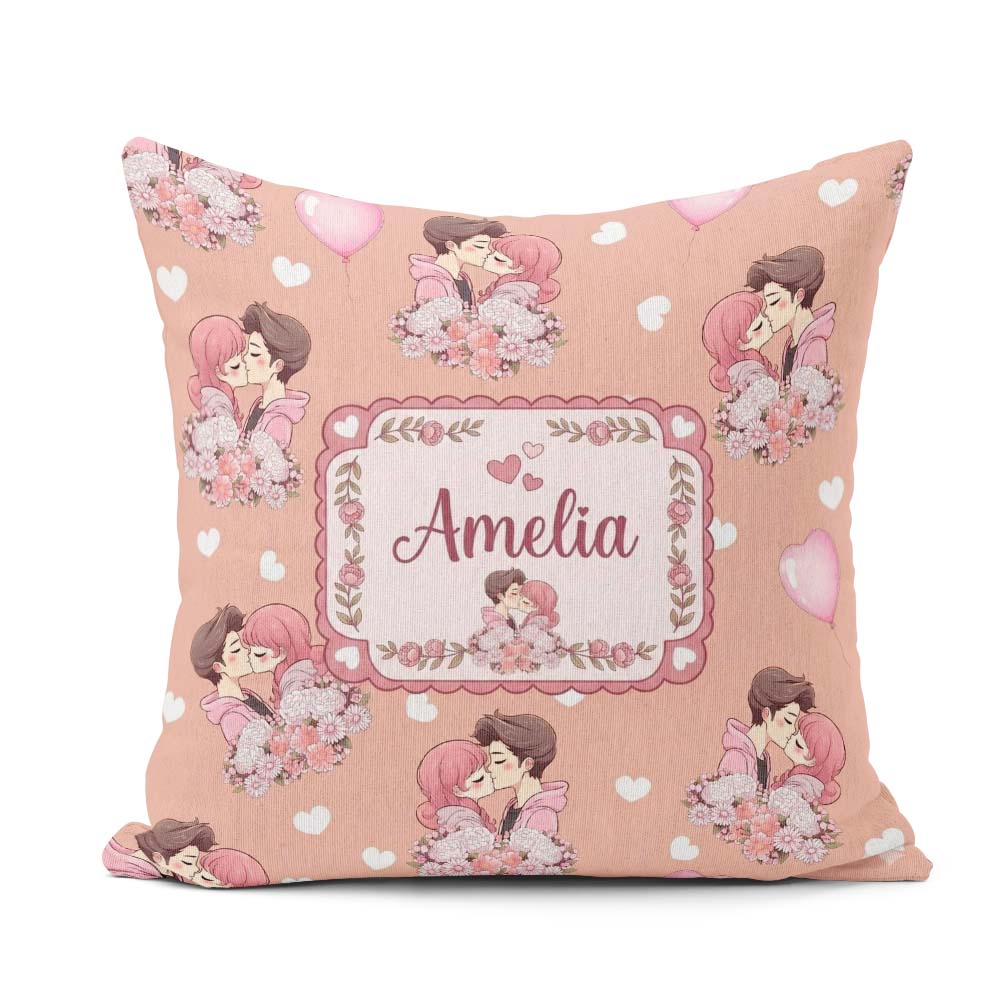 Custom Name Romantic Couple Kissing Floral Hearts Seamless Peach Square Filled Cushion Throw Pillow Sofa Bed Home Decor Zip Washable UK Made
