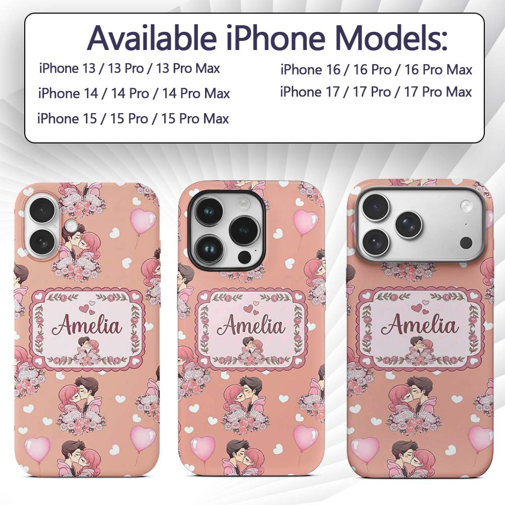Romantic Couple Kissing Floral Bouquet Hearts Custom Name Protective Phone Case Mobile Cover Durable Everyday Smartphone Shock Resistant