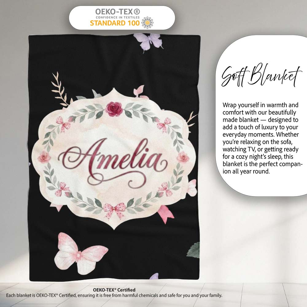 Watercolor Pink Roses Bow Butterfly Elegant Seamless Pattern Lovely Personalised Custom Name Super Soft Fleece Blanket Bed Sofa Throw