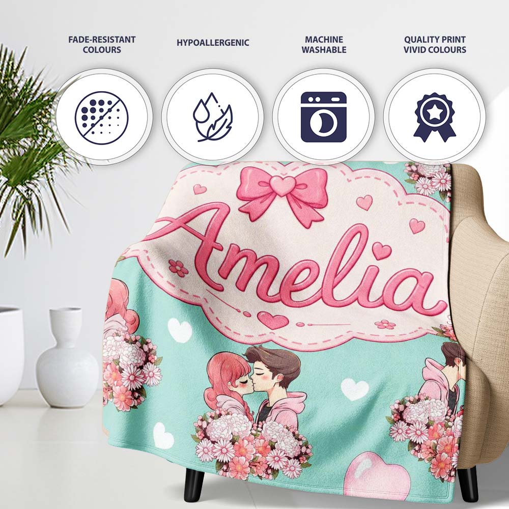 Romantic Couple Kissing Floral Bouquet Hearts Pattern Mint Green Personalised Custom Name Super Soft Fleece Blanket Bed Sofa Throw