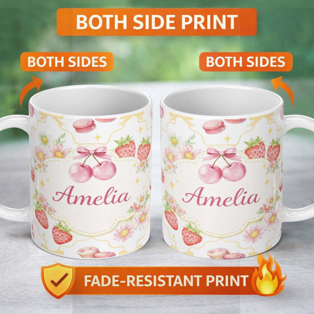 Personalized Custom Name Strawberry Cherry Daisy White Yellow Outline Cute Coquette Floral 11oz Ceramic Coffee Tea Mug White Large Handle