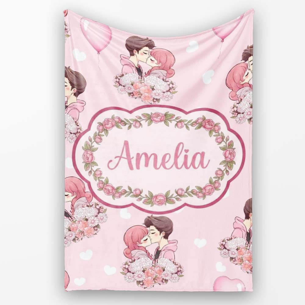 Romantic Couple Kissing Floral Bouquet Hearts Pattern Soft Pink Personalised Custom Name Super Soft Fleece Blanket Bed Sofa Throw