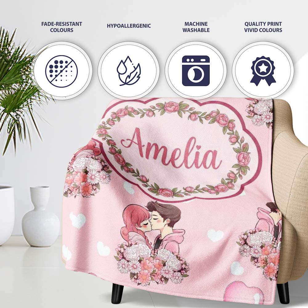 Romantic Couple Kissing Floral Bouquet Hearts Pattern Soft Pink Personalised Custom Name Super Soft Fleece Blanket Bed Sofa Throw