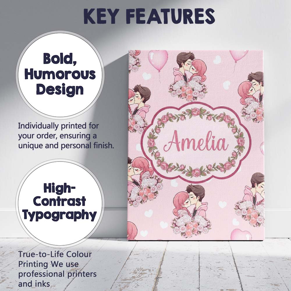 Personalised Name Romantic Couple Kissing Custom Unique Gift Idea Elegant Feature Canvas Wall Art Print Decor Picture Ready to Hang