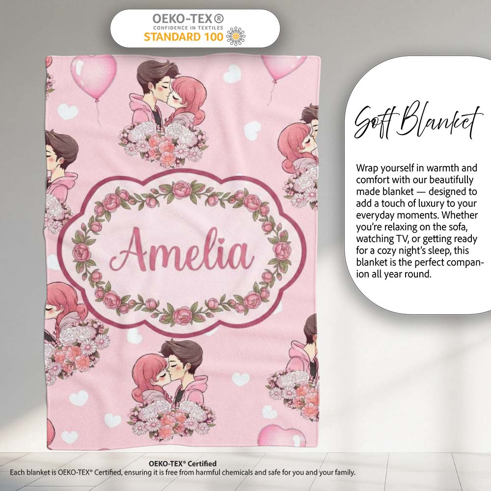Romantic Couple Kissing Floral Bouquet Hearts Pattern Soft Pink Personalised Custom Name Super Soft Fleece Blanket Bed Sofa Throw