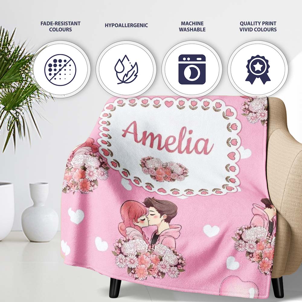 Romantic Couple Kissing Floral Bouquet Hearts Pattern Light Pink Personalised Custom Name Super Soft Fleece Blanket Bed Sofa Throw