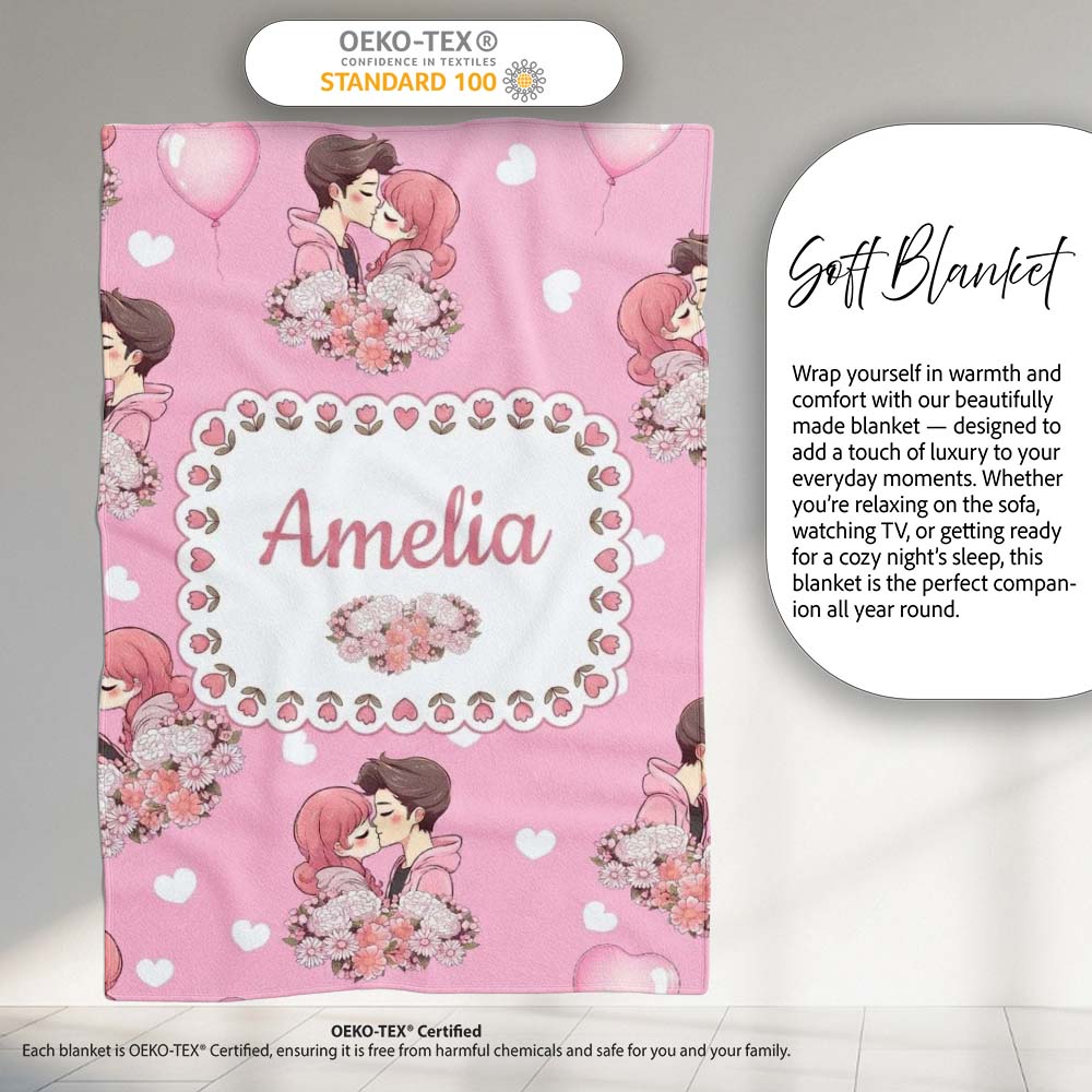 Romantic Couple Kissing Floral Bouquet Hearts Pattern Light Pink Personalised Custom Name Super Soft Fleece Blanket Bed Sofa Throw