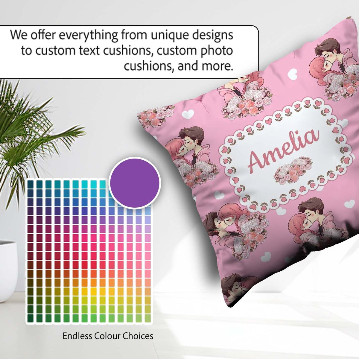 Custom Name Romantic Couple Kissing Floral Bouquet Pattern Light Square Filled Cushion Throw Pillow Sofa Bed Home Decor Zip Washable UK Made