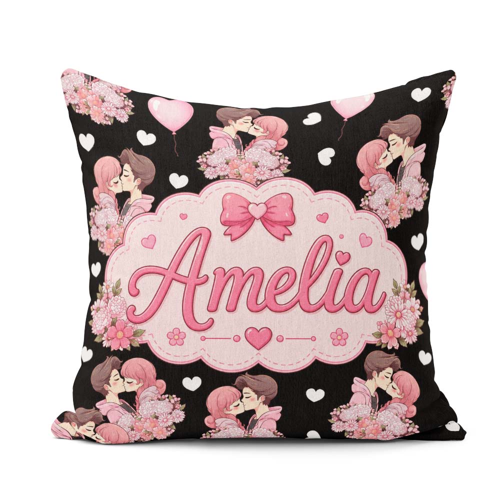 Custom Name Romantic Couple Kissing Floral Hearts Seamless White Square Filled Cushion Throw Pillow Sofa Bed Home Decor Zip Washable UK Made