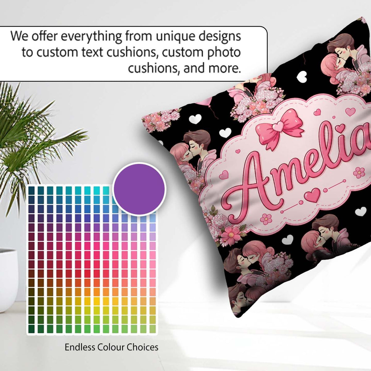 Custom Name Romantic Couple Kissing Floral Hearts Seamless White Square Filled Cushion Throw Pillow Sofa Bed Home Decor Zip Washable UK Made