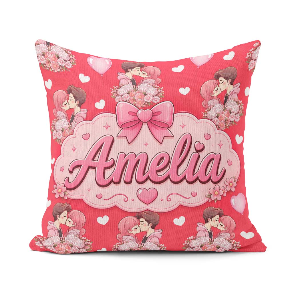 Custom Name Romantic Couple Kissing Bouquet Seamless Pattern Red Square Filled Cushion Throw Pillow Sofa Bed Home Decor Zip Washable UK Made