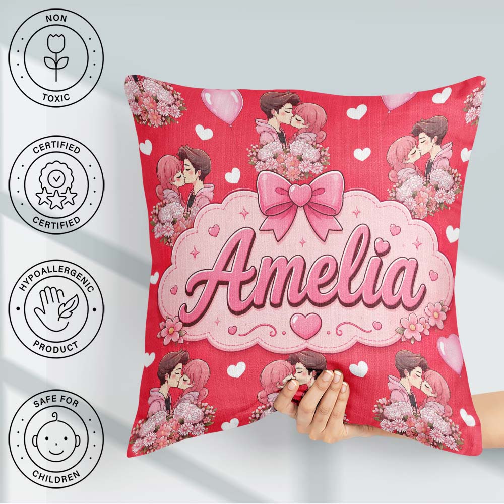 Custom Name Romantic Couple Kissing Bouquet Seamless Pattern Red Square Filled Cushion Throw Pillow Sofa Bed Home Decor Zip Washable UK Made