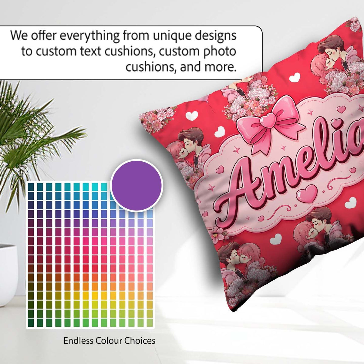 Custom Name Romantic Couple Kissing Bouquet Seamless Pattern Red Square Filled Cushion Throw Pillow Sofa Bed Home Decor Zip Washable UK Made