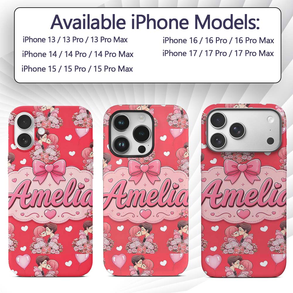 Romantic Couple Kissing Floral Bouquet Hearts Custom Name Protective Phone Case Mobile Cover Durable Everyday Smartphone Shock Resistant