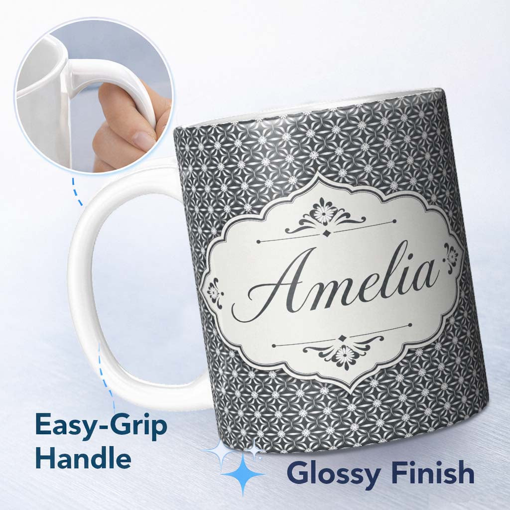 Personalized Custom Name Modern Grey Geometric Flower Lattice Pattern Symmetrical Seamless 11oz Ceramic Coffee Tea Mug White Large Handle