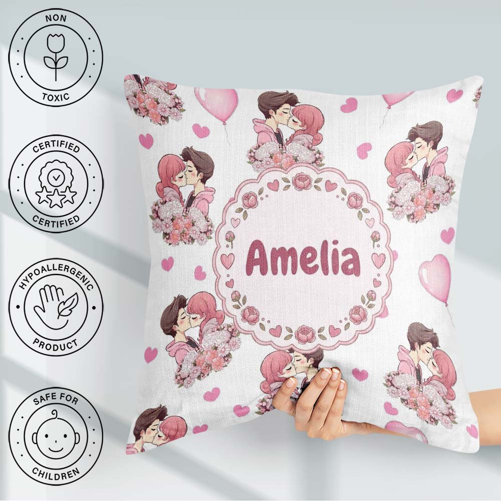 Custom Name Romantic Couple Kissing Floral Bouquet Pattern Light Square Filled Cushion Throw Pillow Sofa Bed Home Decor Zip Washable UK Made