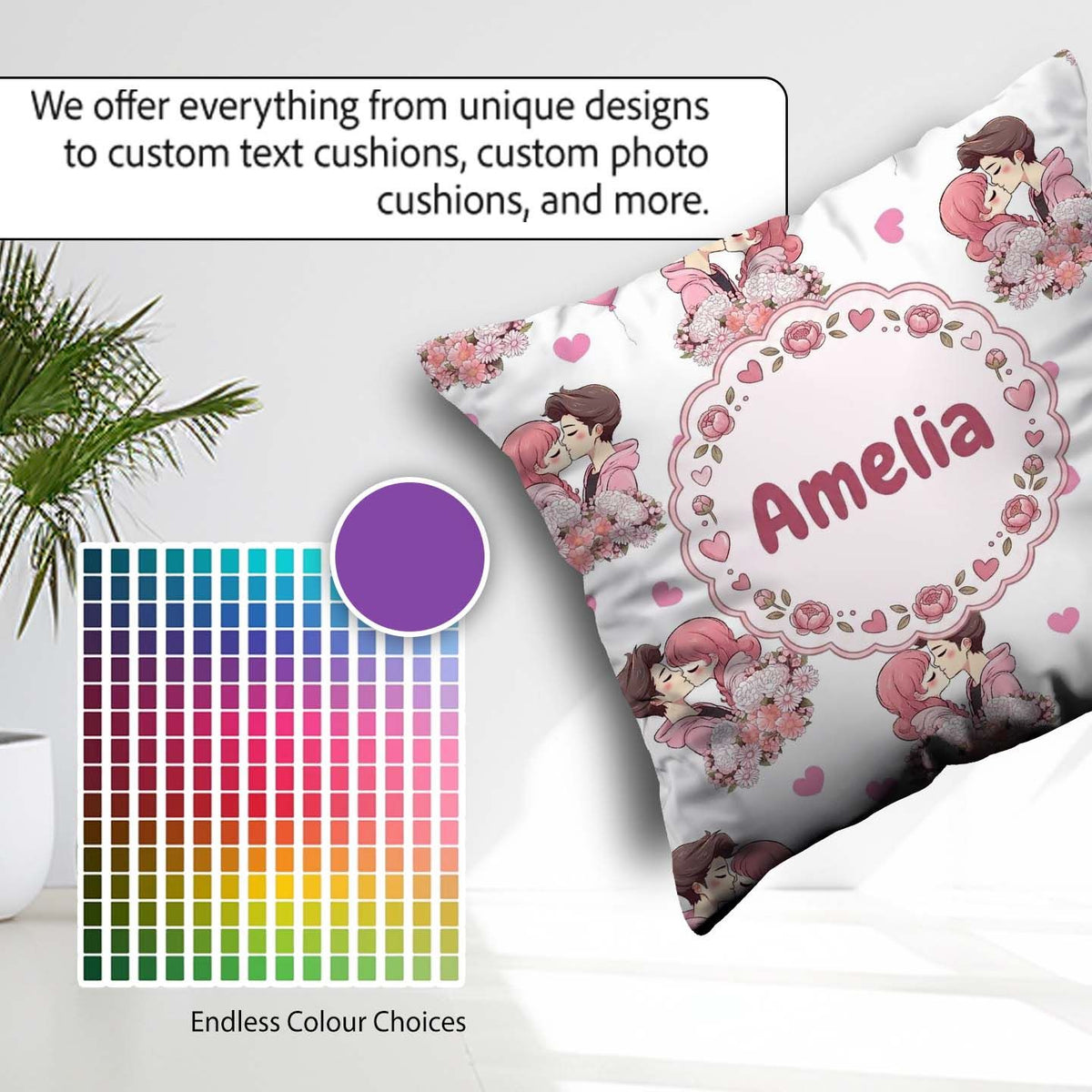 Custom Name Romantic Couple Kissing Floral Bouquet Pattern Light Square Filled Cushion Throw Pillow Sofa Bed Home Decor Zip Washable UK Made