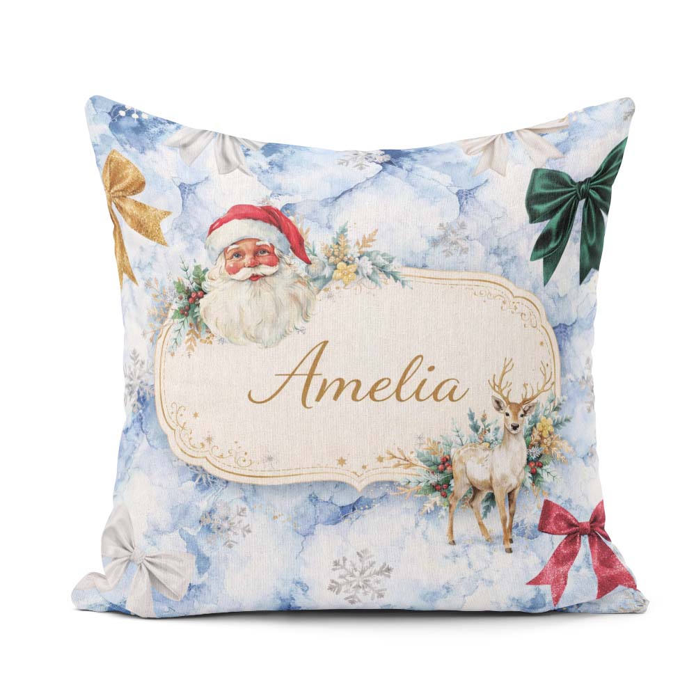 Custom Name Christmas Santa Reindeer Snowflake Festive Seamless Square Filled Cushion Throw Pillow Sofa Bed Home Decor Zip Washable UK Made