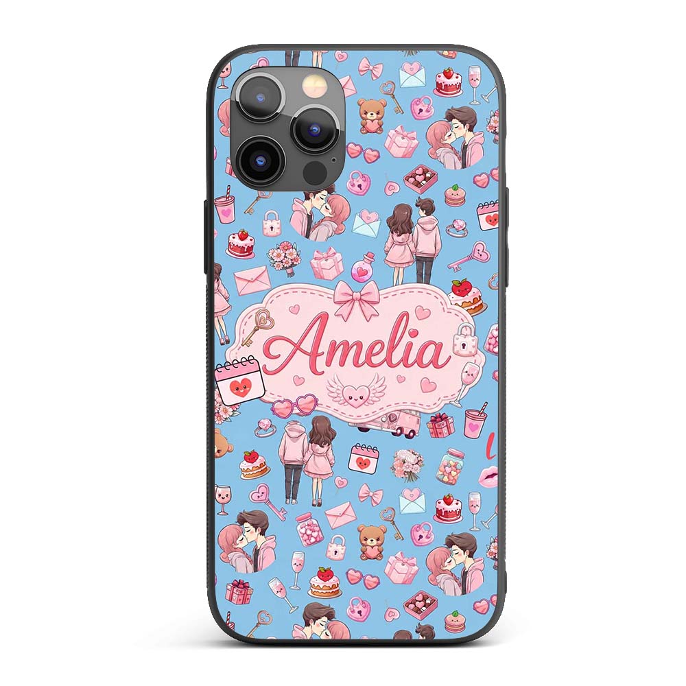 Cute Love Couple Gifts Cakes Teddy Bear Seamless Custom Name Protective Phone Case Mobile Cover Durable Everyday Smartphone Shock Resistant