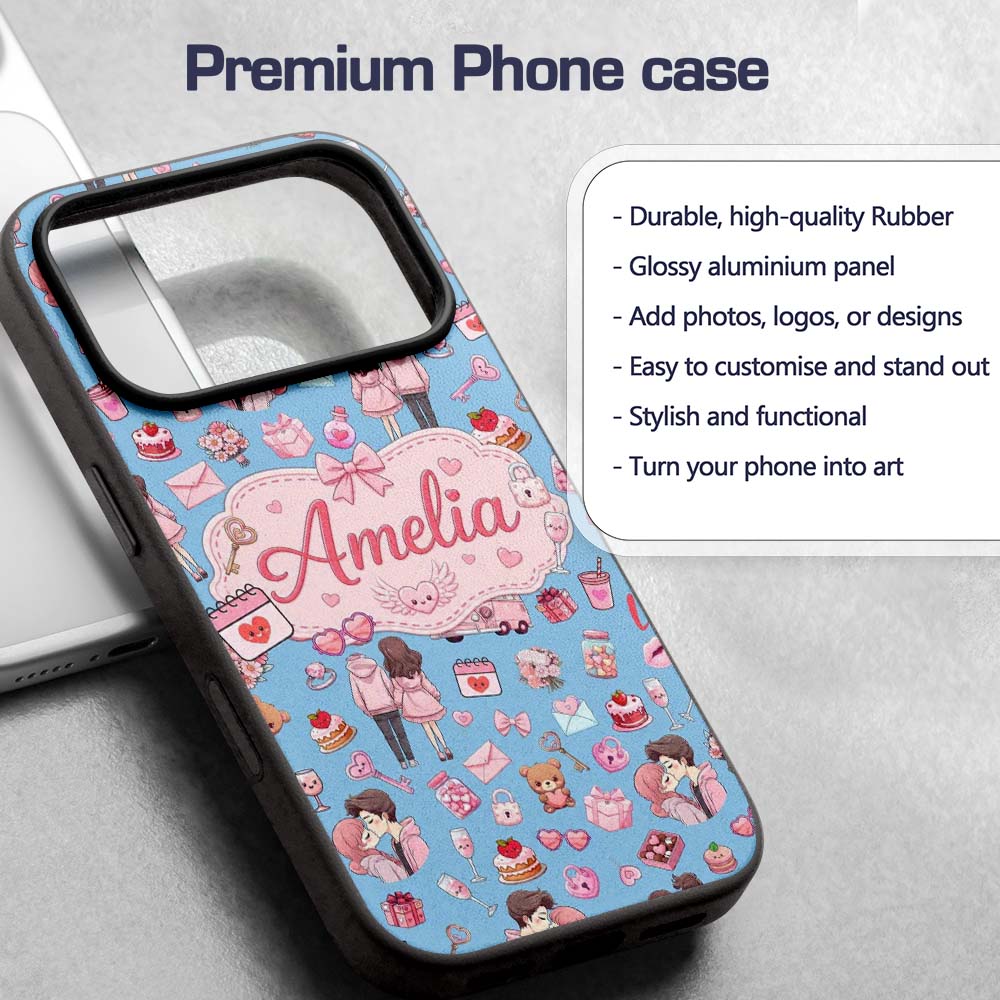 Cute Love Couple Gifts Cakes Teddy Bear Seamless Custom Name Protective Phone Case Mobile Cover Durable Everyday Smartphone Shock Resistant