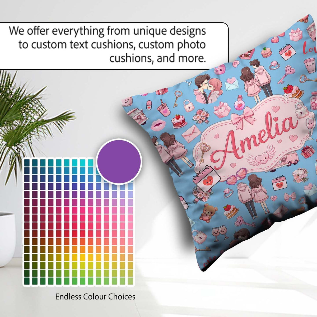 Custom Name Couple Gifts Cakes Teddy Bear Seamless Pattern Blue Square Filled Cushion Throw Pillow Sofa Bed Home Decor Zip Washable UK Made