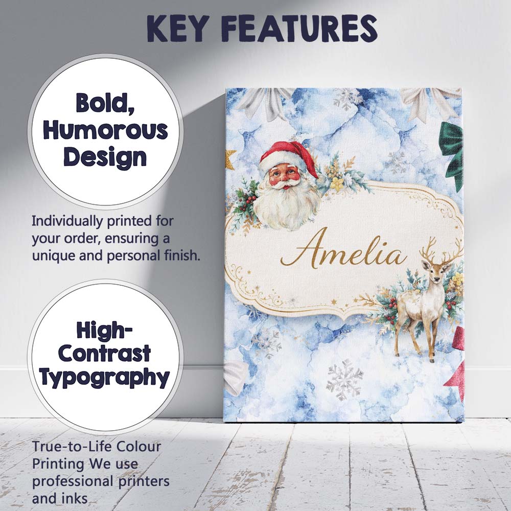 Personalised Name Christmas Santa Reindeer Snowflake Bow Festive Custom Interior Canvas Wall Art Print Decor Picture Ready to Hang