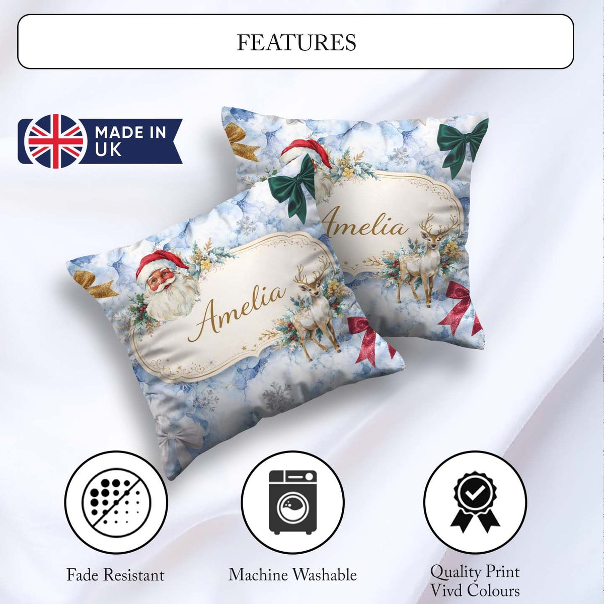 Custom Name Christmas Santa Reindeer Snowflake Festive Seamless Square Filled Cushion Throw Pillow Sofa Bed Home Decor Zip Washable UK Made