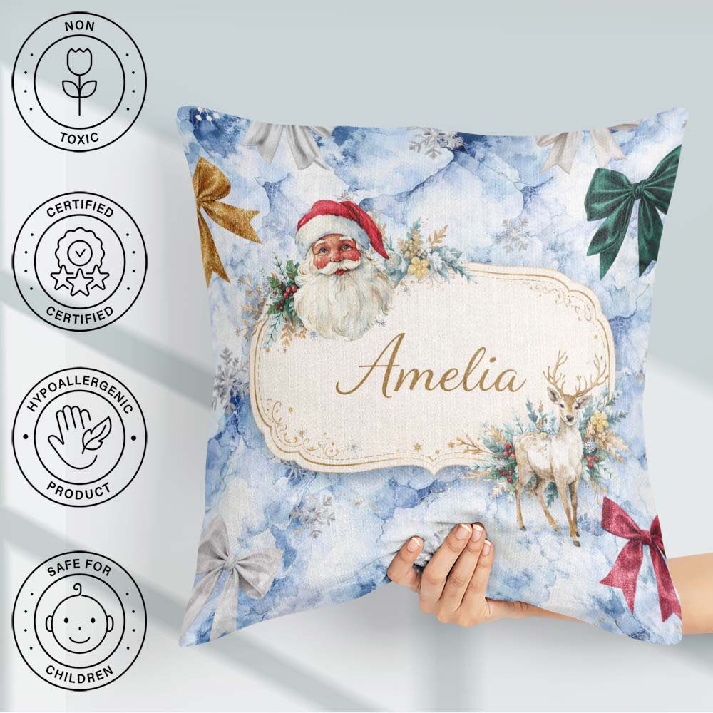 Custom Name Christmas Santa Reindeer Snowflake Festive Seamless Square Filled Cushion Throw Pillow Sofa Bed Home Decor Zip Washable UK Made