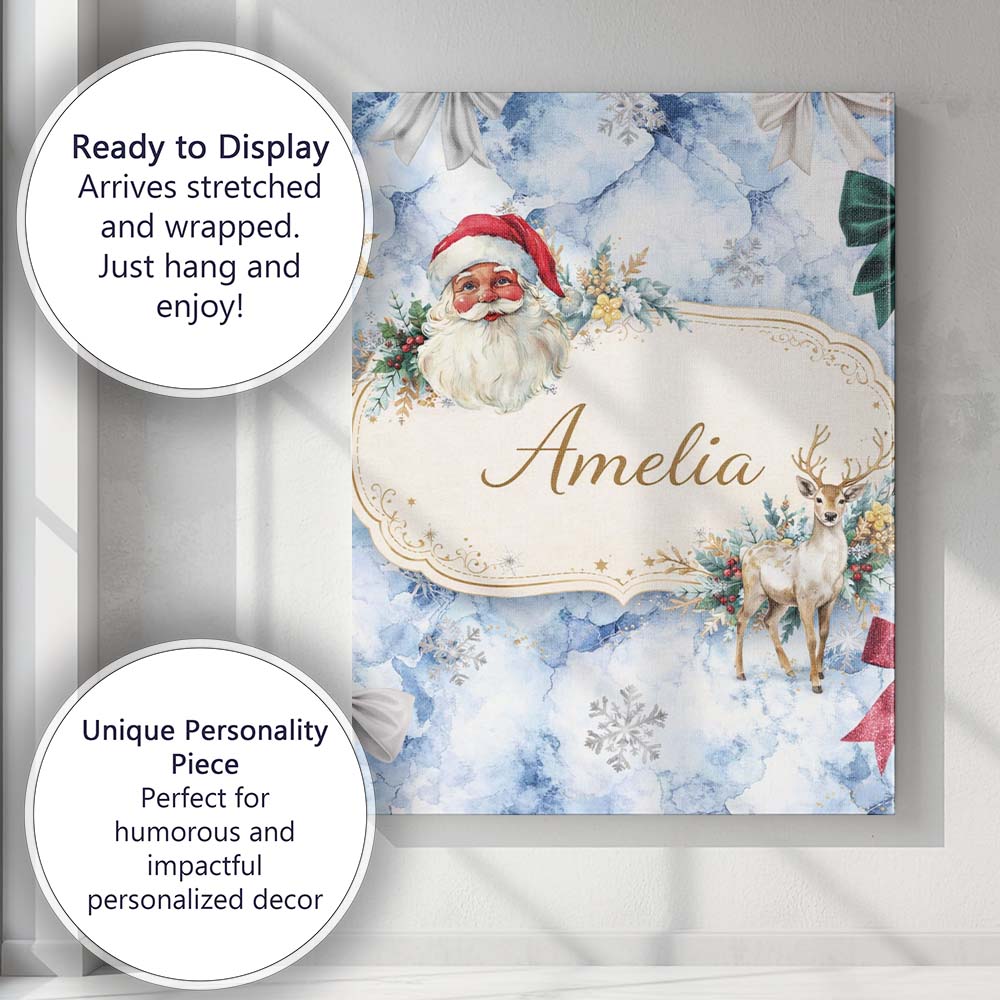 Personalised Name Christmas Santa Reindeer Snowflake Bow Festive Custom Interior Canvas Wall Art Print Decor Picture Ready to Hang
