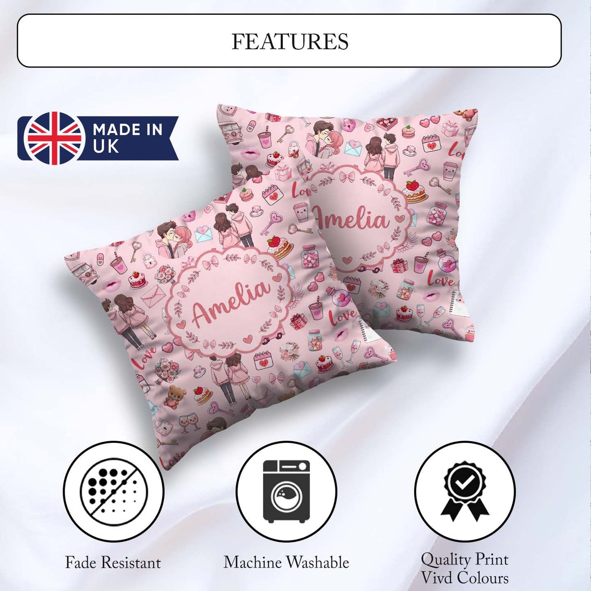 Custom Name Cute Couple Gifts Cakes Teddy Bear Pattern Soft Pink Square Filled Cushion Throw Pillow Sofa Bed Home Decor Zip Washable UK Made