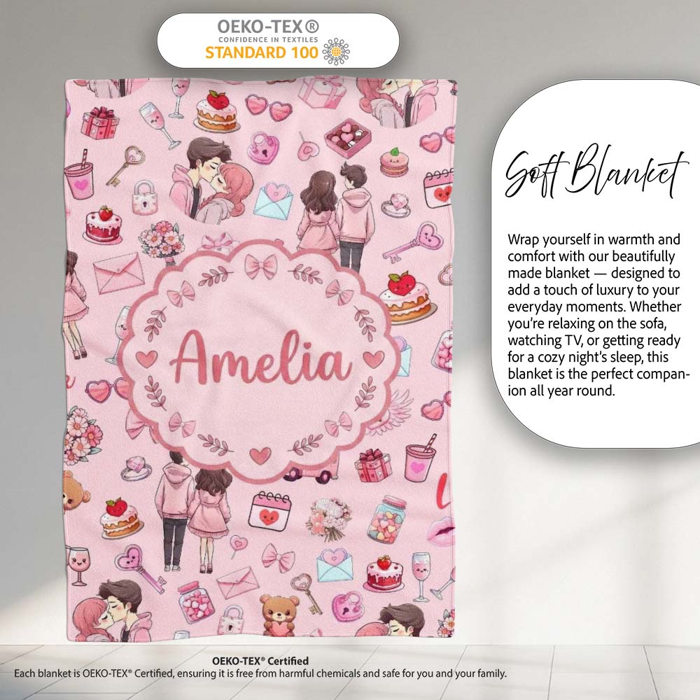 Cute Love Couple Gifts Cakes Teddy Bear Pattern Soft Pink Background Personalised Custom Name Super Soft Fleece Blanket Bed Sofa Throw