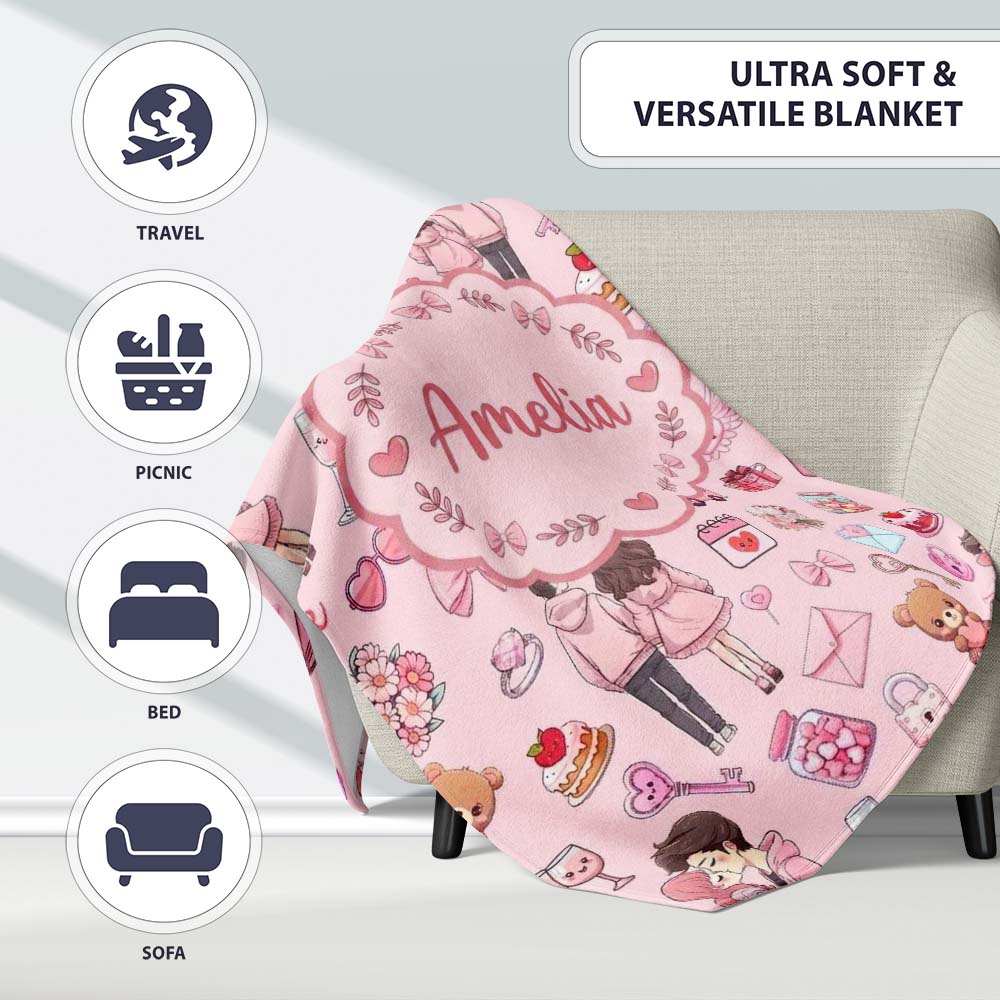 Cute Love Couple Gifts Cakes Teddy Bear Pattern Soft Pink Background Personalised Custom Name Super Soft Fleece Blanket Bed Sofa Throw
