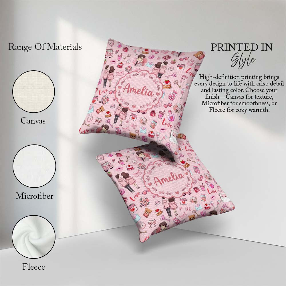 Custom Name Cute Couple Gifts Cakes Teddy Bear Pattern Soft Pink Square Filled Cushion Throw Pillow Sofa Bed Home Decor Zip Washable UK Made