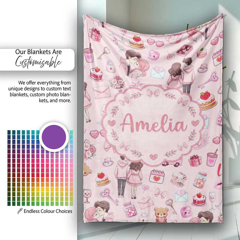 Cute Love Couple Gifts Cakes Teddy Bear Pattern Soft Pink Background Personalised Custom Name Super Soft Fleece Blanket Bed Sofa Throw