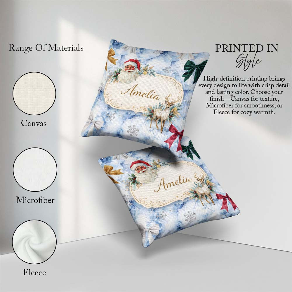 Custom Name Christmas Santa Reindeer Snowflake Festive Seamless Square Filled Cushion Throw Pillow Sofa Bed Home Decor Zip Washable UK Made